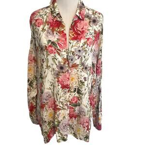 Zara Woman Collared Popover Top Womens Medium Multicolor Floral Cotton Blouse